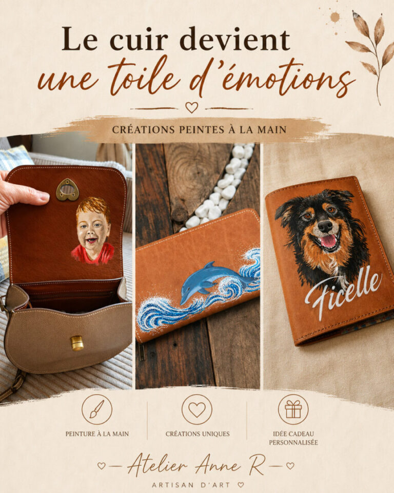 Montage de trois créations artisanales peintes à la main sur cuir : un sac avec le portrait d'un enfant sous le rabat, un portefeuille orné d'un dauphin dans les vagues et un protège-passeport personnalisé avec le portrait d'un chien. Créations uniques réalisées par Atelier Anne R.
