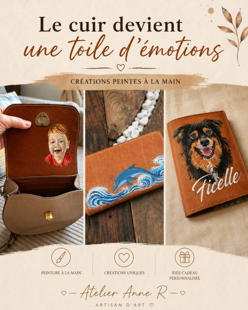 Montage de trois créations artisanales peintes à la main sur cuir : un sac avec le portrait d'un enfant sous le rabat, un portefeuille orné d'un dauphin dans les vagues et un protège-passeport personnalisé avec le portrait d'un chien. Créations uniques réalisées par Atelier Anne R.
